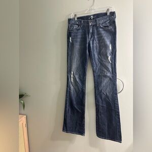 7 for all mankind dark wash boot cut light distressing jeans stretch mid rise